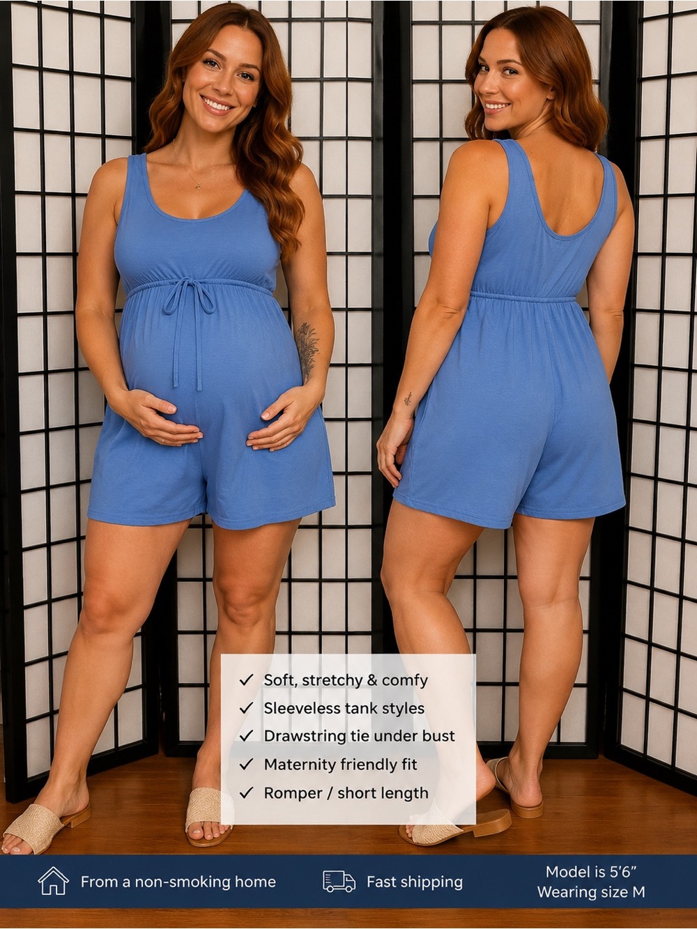 Maternity Romper Sky Blue Size M Sleeveless Tie Waist Soft Stretchy NWT‎